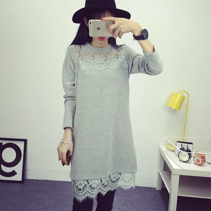 

2019 autumn postpartum women nursing dress fashion lactation clothing hollow-out lace patchwork breastfeeding dress long sleeve