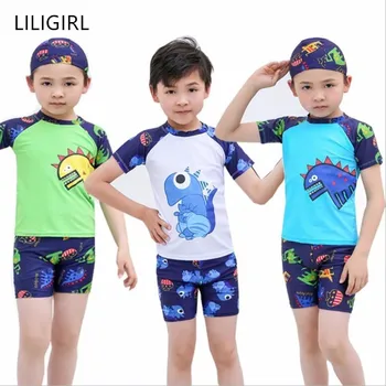 

LILIGIRL Boys Shorts Swimmer Clothes Sets Children Hot Spring Bathing Suit Swimming Cap for Baby Kids Cartoon Dinosaur Swimsuit
