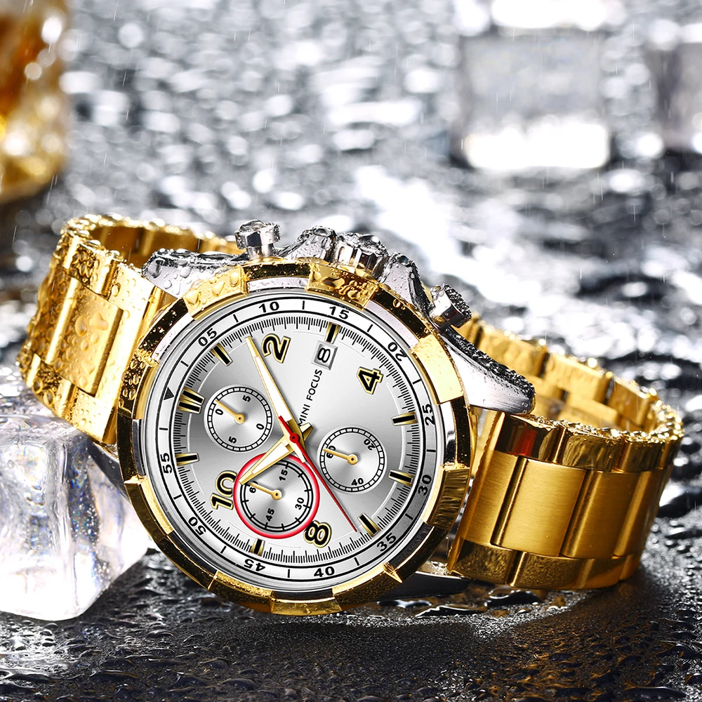 

Top Brand Luxury MINIFOCUS Quartz Watch Men Golden Stainless Steel Strap Calendar Dial 2018 HOT Fashion Waterproof Wristwatch