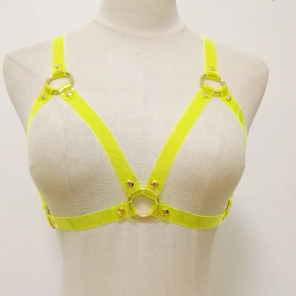 

Women Punk Harness Leather Handmade Body Bondage belt female Harajuku Chest Belt Lemon green lime green Sexy Chain Bra
