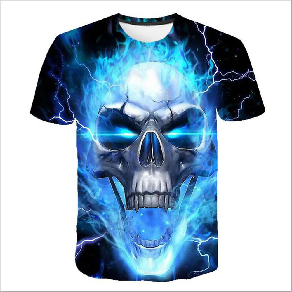 

2019 Mens T shirts Fashion New Summer Men's Short Sleeve T-shirt Casual 3D blue skull Print Rock Tshirt For Man Full Printed