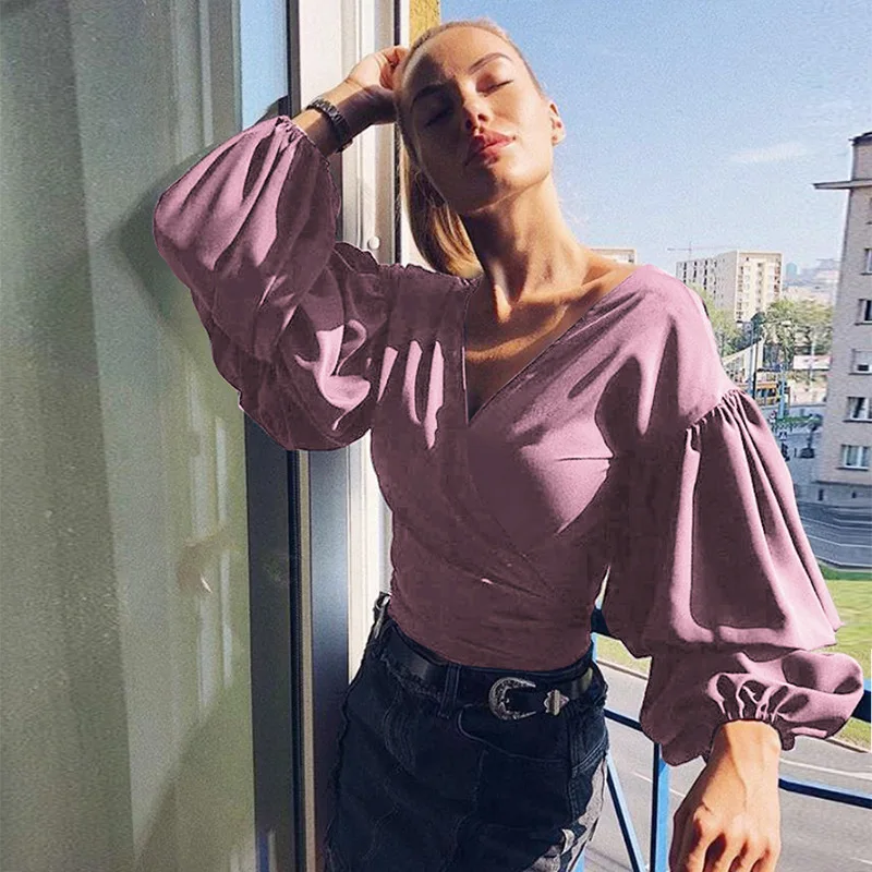 

Elegant Satin V Neck Blouse Women Slik Long Sleeve Autumn Womens Tops and Blouses Lantern Sleeve Slim Shirt Women Blouse