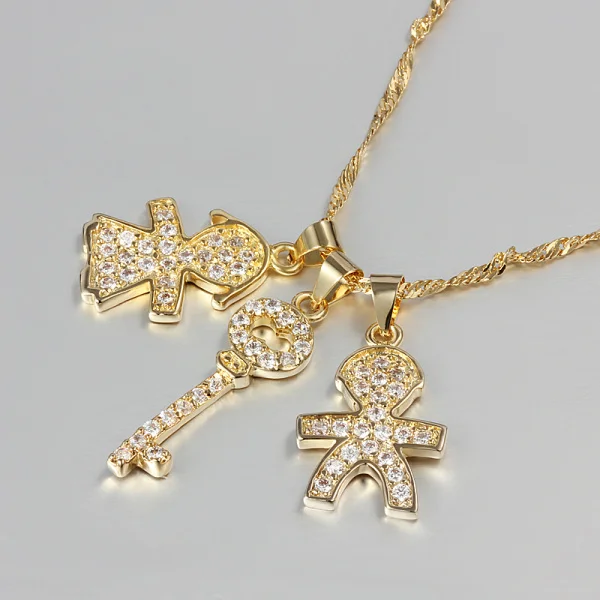 Gold Boy and Girl Key Cable Chain Zircon Crystal Necklace Charm Pendant