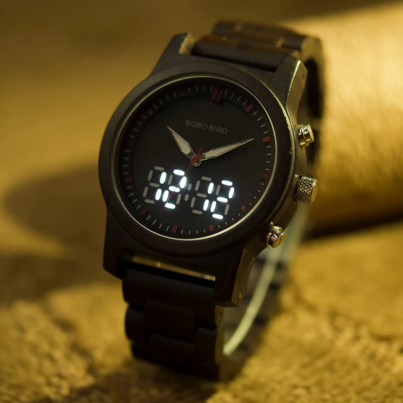 BOBO BIRD Digital Watch Black Wooden Men Quartz Dual Display Wristwatch reloj digital hombre