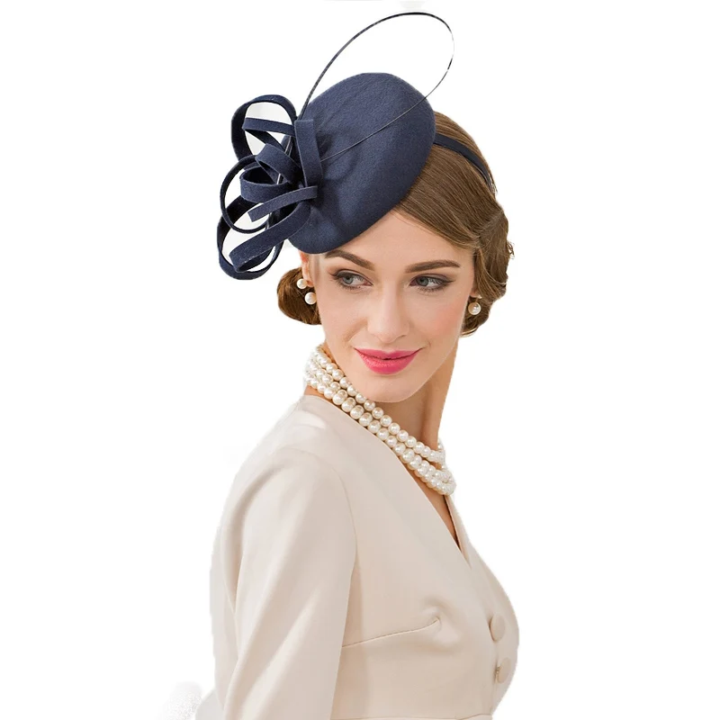 FS sombrero azul marino de las señoras para las bodas pilbox Fascinator lana mujeres Fedora Vintage cóctel té partido Derby Iglesia sombreros - 4