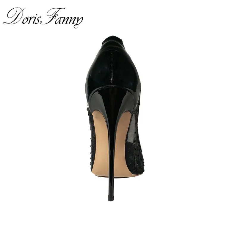DorisFanny Black High Heels Wedding shoes womens pumps size 13 12 see through pointed toe ladies shoes