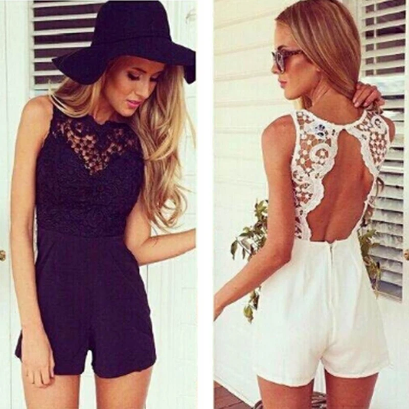 

AvoDovA Women Backless Chiffon Playsuits Summer Casual Sexy Sleeveless Lace Solid Colors White Black Playsuit