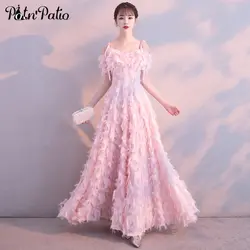 Розовое длинное платье с перьями для выпускного вечера с коротким рукавом, сексуальное платье с открытыми плечами и открытой спиной