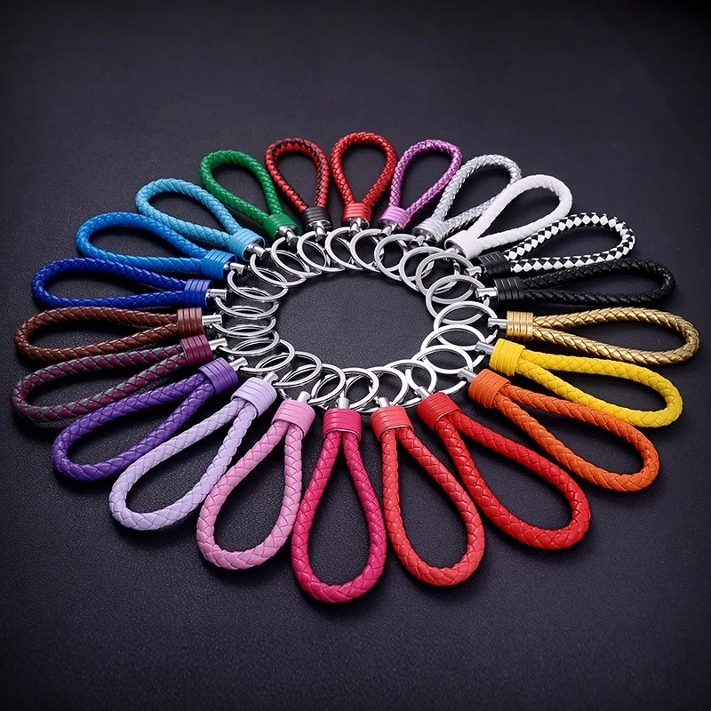 

2pcs/lot Hand Woven Leather Key Chains 12.5cm Multi Colors 32mm Round Split Key Rings DIY Decoration Pendants Keychain Findings