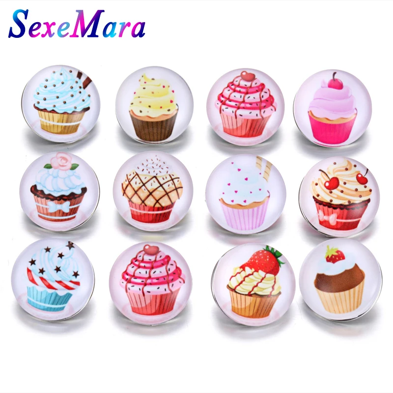 

10pcs/lot New Snap Jewelry Cute Cake Print Faceted Glass Snap Button Cabochon Fit 18mm Snap Bracelets DIY Accessories