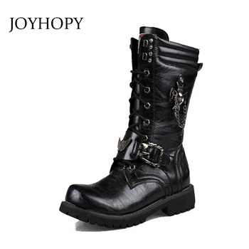 

Fashion Big Size Mens Long Tube Army Boots Military Boots Martin Shoes British Men Totem Chain Lace Up Mid Calf Boots AMB2034