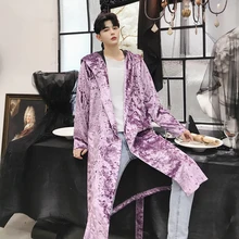 MIXCUBIC осень ретро бархатная Глянцевая ветровка мужская длинная секция Повседневная Свободная бархатная ветровка с капюшоном мужской Тренч, M-XXL