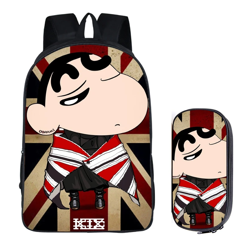 

Japanese Anime Crayon Shin-chan 2PC Set with Pencil Case Student Backpacks DIY Printing Cool School Bags For Boys Kids Men Book