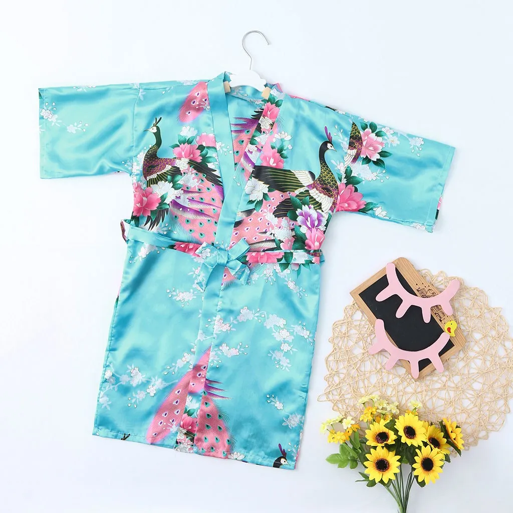 Детский банный халат, одежда для малышей Детская одежда для девочек с цветочным рисунком Шелковый атласное кимоно; наряд, одежда для сна, разноцветная одежда, подходящий для детей обоих полов, roupao infantil