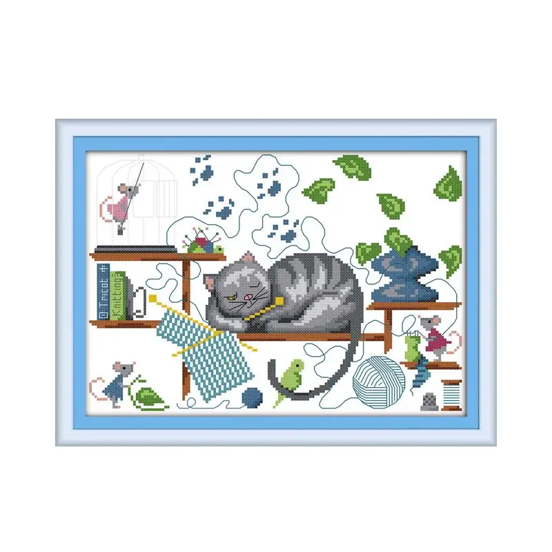 

Knitting Cat Cartoon Pattern Joy Sunday Cross Stitch Printed 11CT 14CT Cross Stitch Kit Embroidery Needlework Set DMC Home Decor