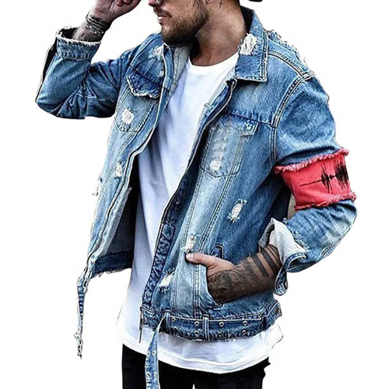 Plegie Men Ripped Ribbon Jeans Jackets Washed Patchwork Distressed Denim 2018 Mens Slim Fit Streetwear HipHop Vintage Jacket Plegie Men Ripped Ribbon Jeans Jackets Washed Patchwork Distressed Denim 2018 Mens Slim Fit Streetwear HipHop Vintage Jacket