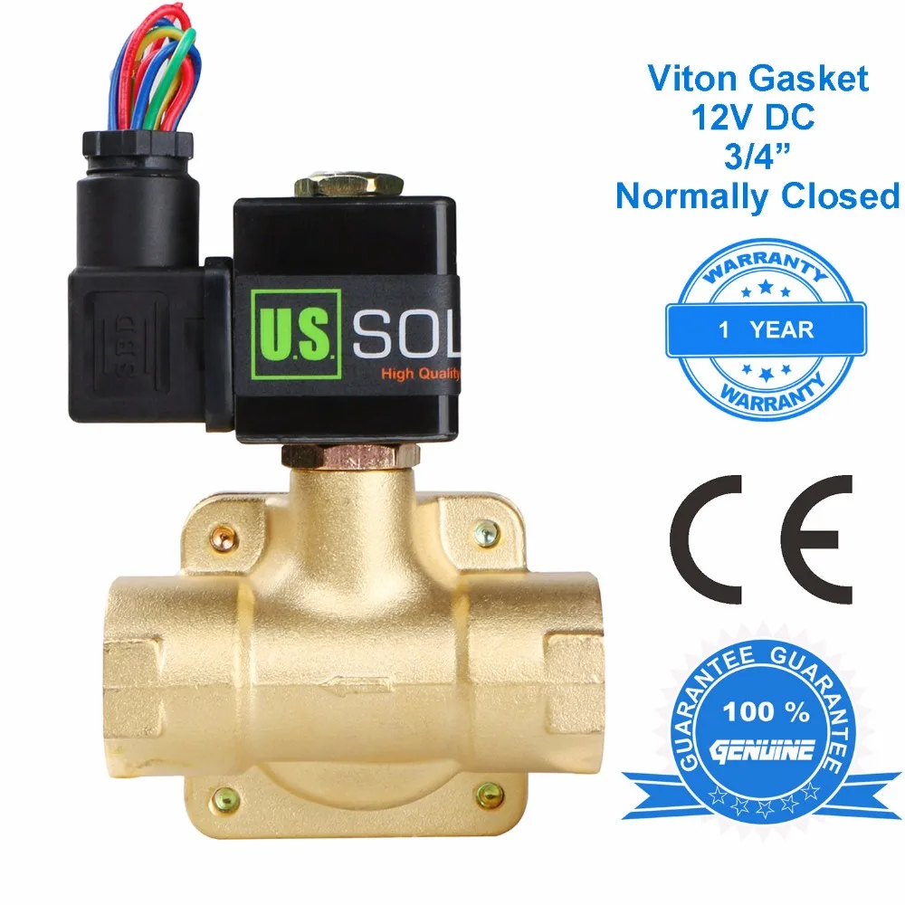 

U.S. Solid 3/4" Brass Electric Solenoid Valve 12V DC Normally Closed Viton Gasket Air, water, Fuel, CE Certified