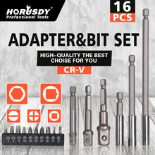 HORUSDY 16Pcs/Set Drill Socket Adapter Magnetic Bit Impact Driver With Hex Shank to Square Socket Drill Bit Set Power Tools 9pcs set 5mm 13mm hex socket sleeve nozzles magnetic nut driver set drill bit adapter hex power tools