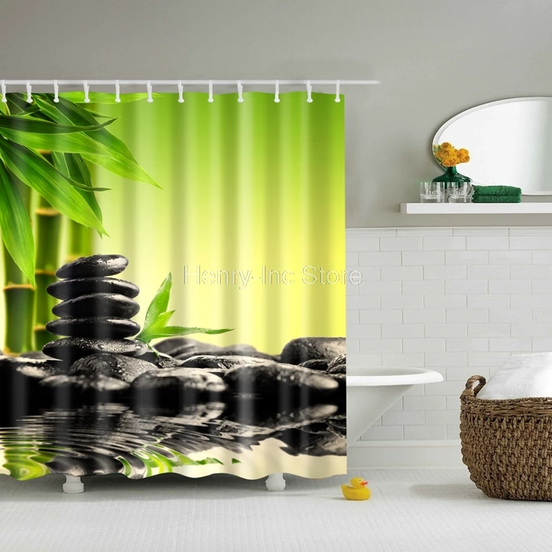 Custom Shower Curtain Green Bamboo Black Stone Design Bathroom