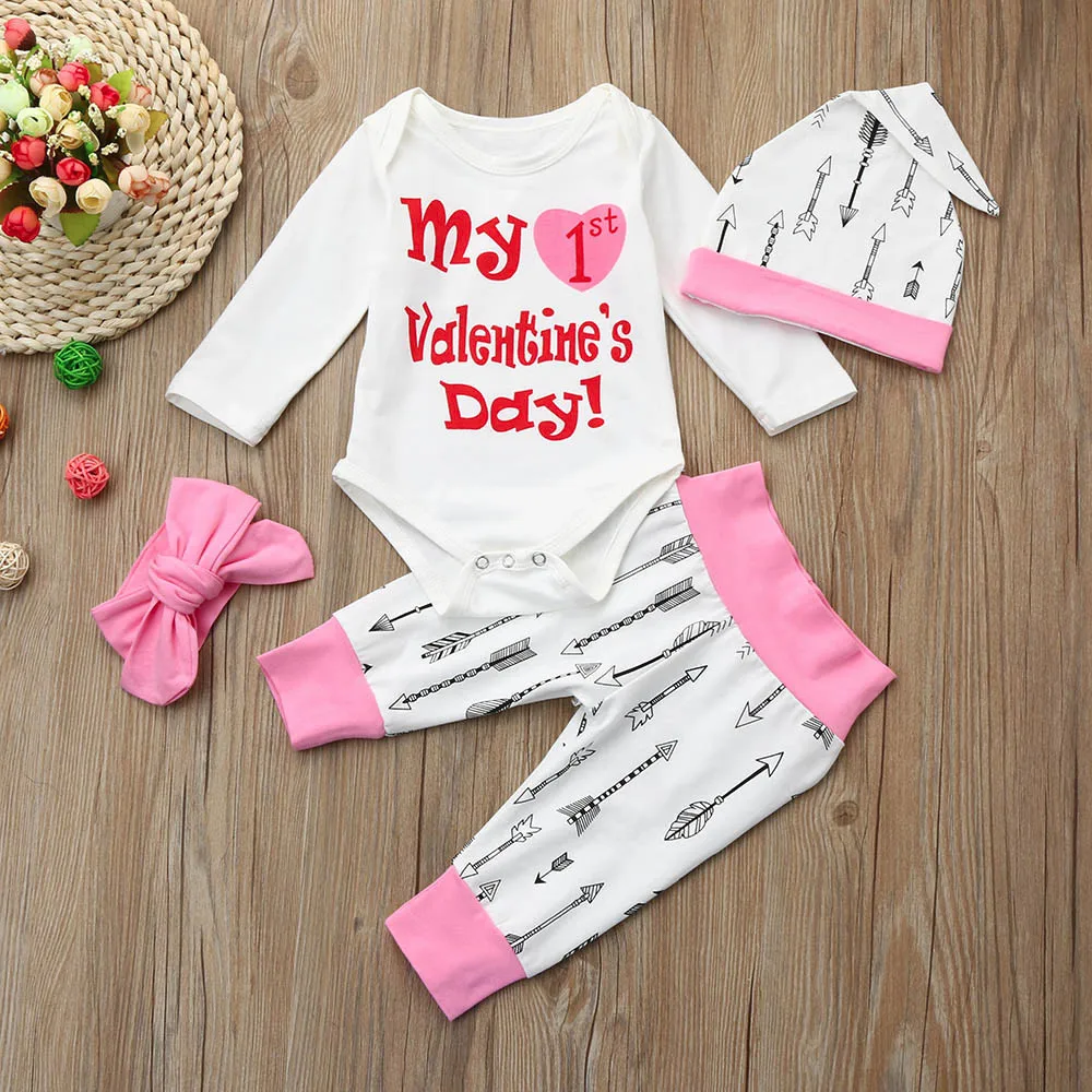 Baby Pink Clothes Set Newborn 1st Valentine's Day Baby Girls Letter Print Rompers Tops+Pant