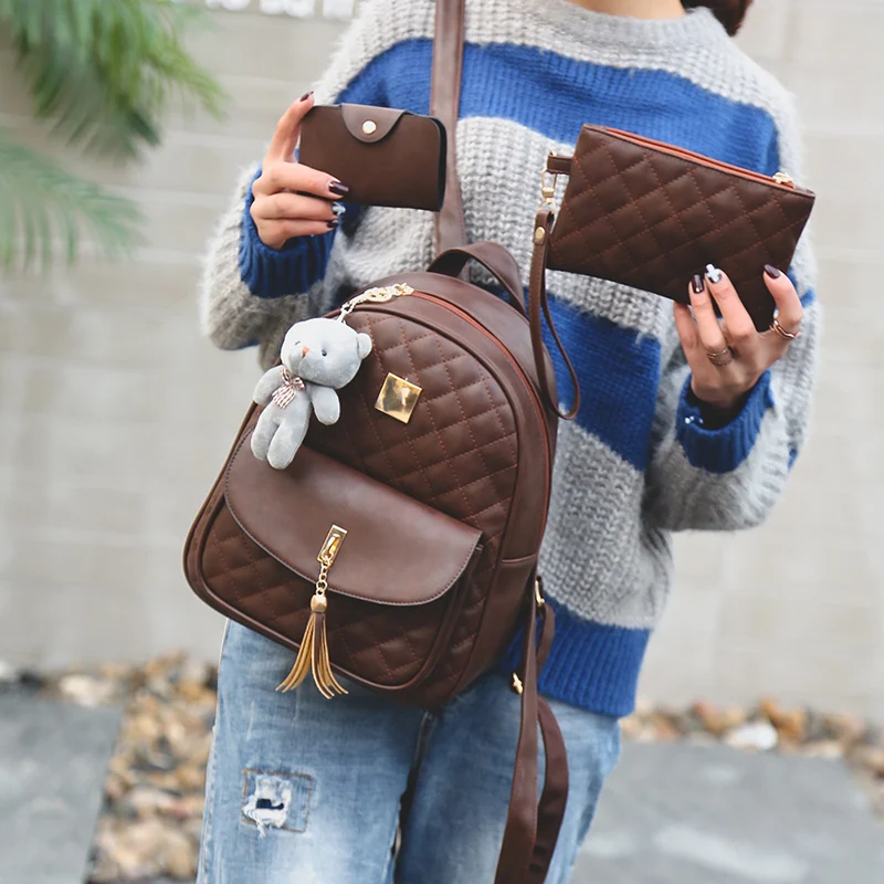 2018 New Shoulder Bags 3 Pcs Bear Tassel Backpack Women Bag Diamond Lattice School Bags for Girls Backpacks for Women  Sac A Dos (6)