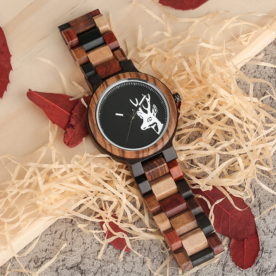 Natural Deer Head Elk Wood Watch Male Unique Mixed Color Full Wooden Watches Quartz Wristwatch Men Hours Clock Relogio Masculino (11)