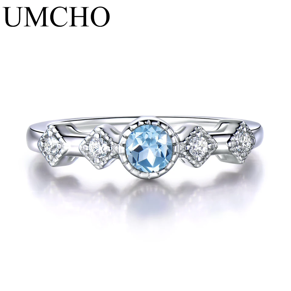 

UMCHO Natural Sky Blue Topaz Rings For Women Solid 925 Sterling Silver Ring Vintage Aquamarine Birthstone Gemstone Fine Jewelry