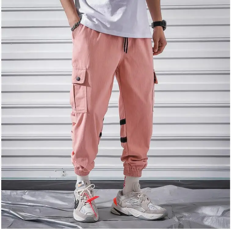 Мужские розовые брюки для бега мужской кошелек уличная походные Мужские штаны хип-хоп спортивные штаны корейская мода Комбинезоны