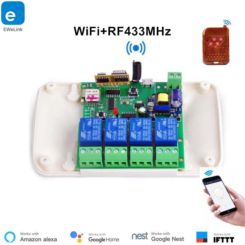 

EweLink 4ch Smart Switch 4 Channels 433MHz 2.4G Wifi Remote Control Smart automation modules 10A Home Appliances Alexa Google
