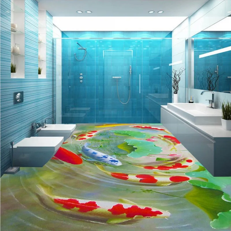 

Free Shipping 3D Chinese wind nine fish figure floor painting thickened bathroom kitchen mall living room flooring mural