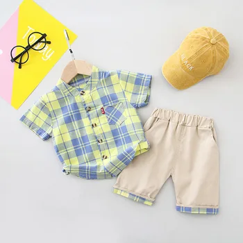 買取 Diimuu子供ファッション男の子服夏の綿の服セットの幼児の少年子供服チェック柄ショーツスリーブシャツパンツスーツ
