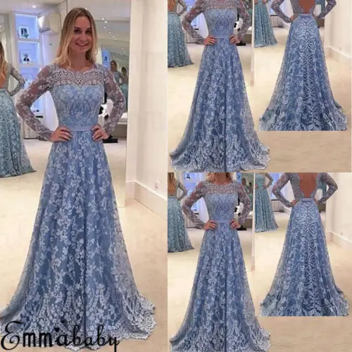 

Women Ladies Lace Long Dress Round Neck Solid Party Formal Wedding Prom Gown Maxi Dress