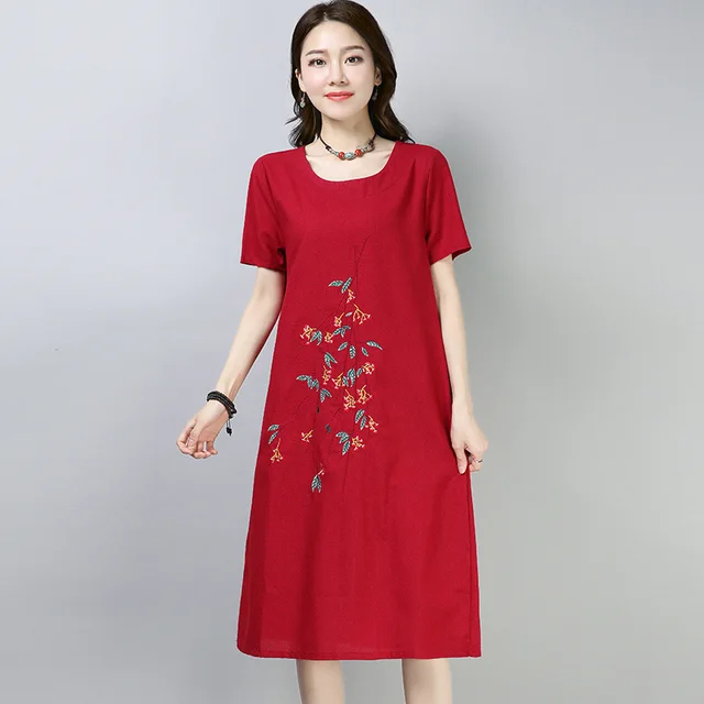 Fashion 2018 New Women Dresses Summer Cotton Linen Embroidery Red Blue ...