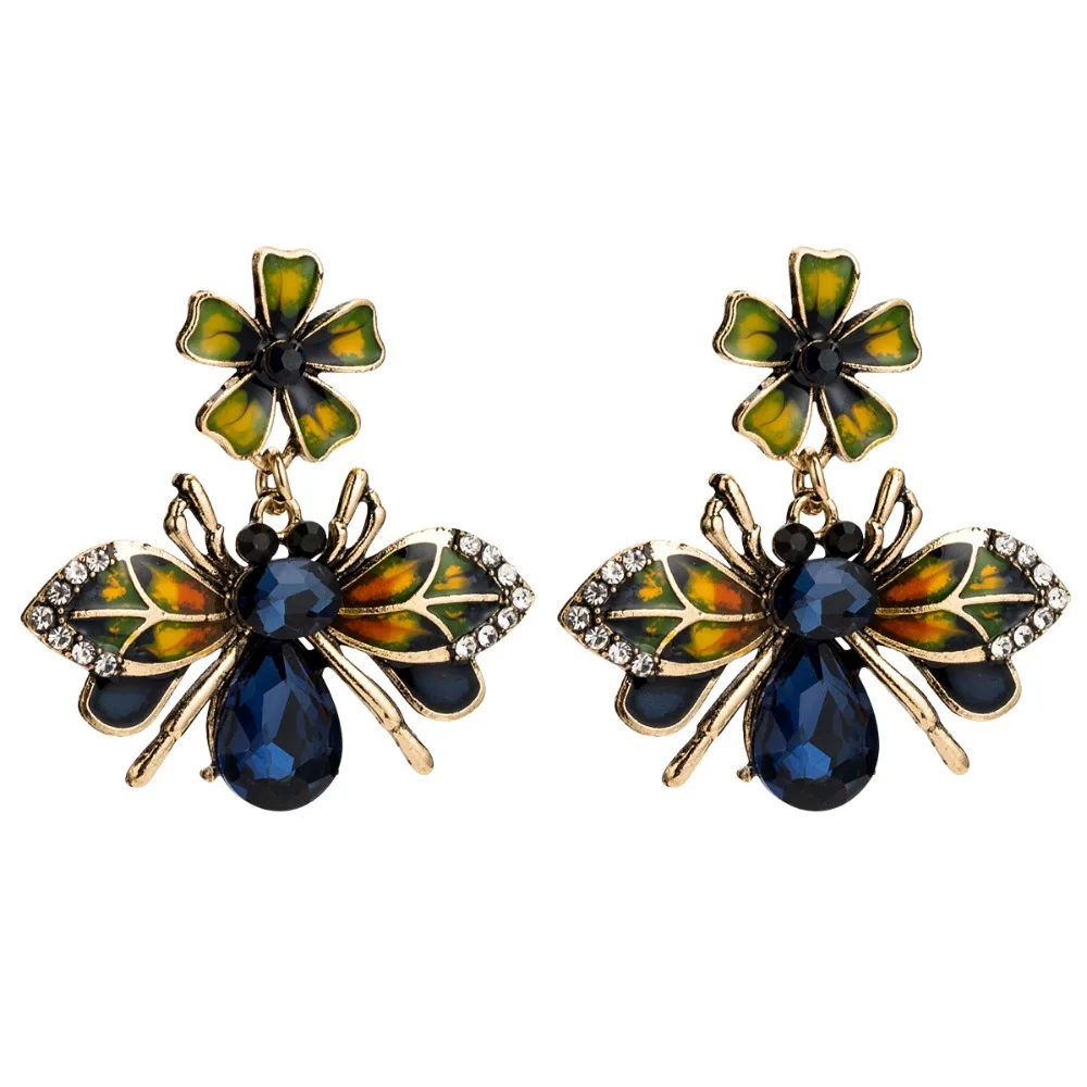 

Ziris Boho Big Earring Vintage Bee Crystals Rhinestone Wings Enameled Over Sized Drop Earring Women Fancy Jewelry