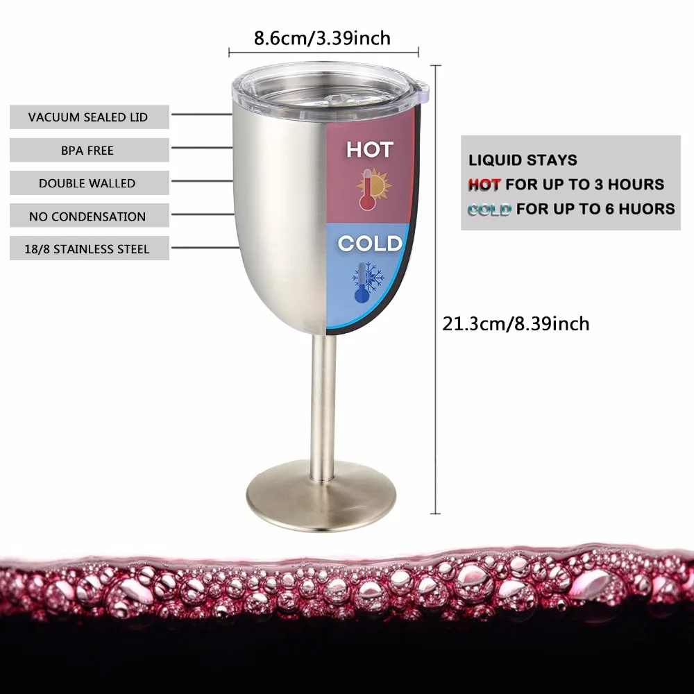 Нержавеющая сталь Кубок красного вина стеклянная изоляционная чашка 10 унций Двойная стенка вакуумная герметичная с герметичной крышкой для ежедневного пикника