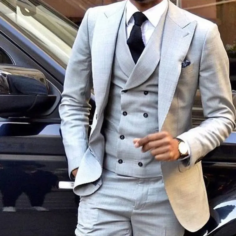 3PCS Navy Blue Men Wedding Suits Groom Tuxedo Formal Custom Peaked Lapel Double Breasted Suit Terno Masculino Slim Fit Prom Wear