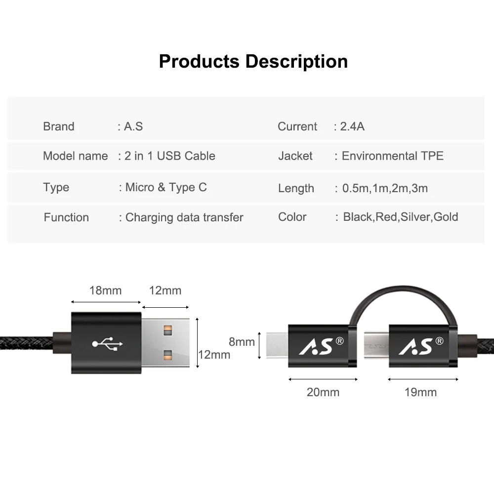 A. S 2 в 1 USB C type-C кабель Micro USB кабель для быстрой зарядки usb type C кабель для samsung Galaxy S9 S8 Note 8 Xiaomi huawei QC3.0