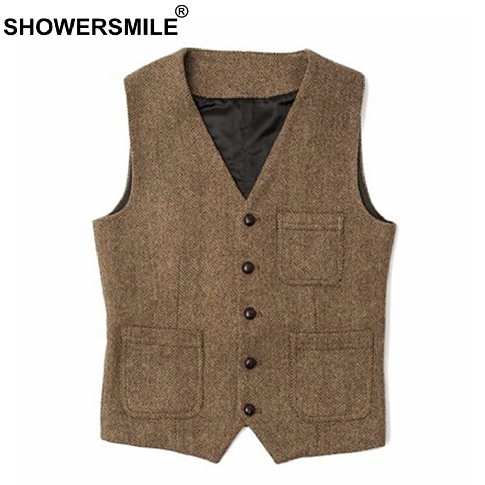 

SHOWERSMILE Mens Waistcoat Vest Plus Size 4xl Wool Khaki Male Tweed Vintage Pockets Casual British Spring Sleeveless Jackets