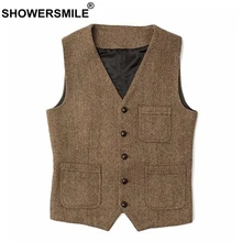 SHOWERSMILE Mens Waistcoat Vest Plus Size 4xl Wool Khaki Male Tweed Vintage Pockets Casual British Spring Sleeveless Jackets