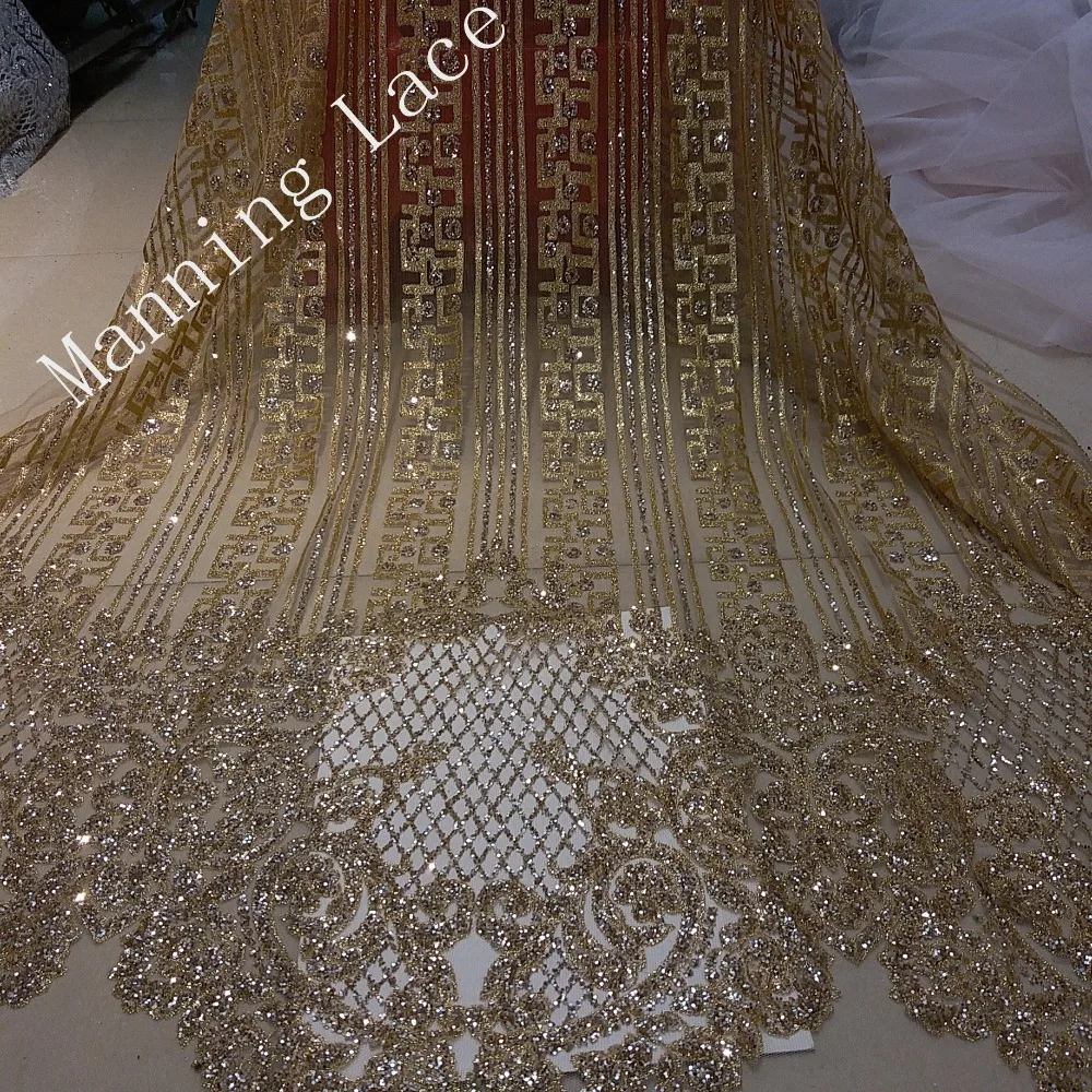 Fashion Design 5 Yards Gold Color Hand Made Print Glitter Tulle Fabric for Wedding /Evening  /Party Dress