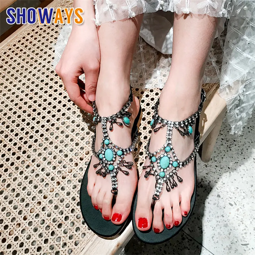 

Elegant Rhinestone Women Flip Flops Black PU Leather Flat Low Heel Slippers Bohimia Gem T-strap Thongs Summer Beach Lady Sandals