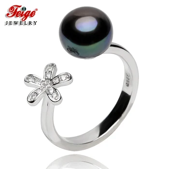 

FEIGE Star Brilliant 100% 925 Sterling Silver Ring 8-9mm Black Freshwater Pearl Ring for Women Pearl Jewelry Engagement Ring