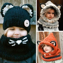 Зимняя детская шапка с шарфом в форме лисы/кошки/собаки, вязанная шапка для мальчиков и девочек, шарф с капюшоном, шапка-ушанка, теплая шаль