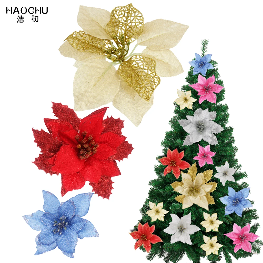 

5pcs Christmas Tree Flower Silk Artificial Fake Flowers Glitter Christmas Decorations Xmas Wedding Party Decor 3 Size
