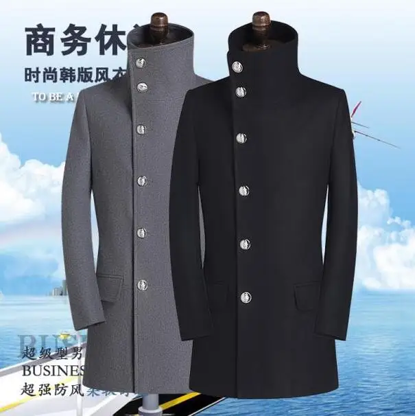 Stand Collar Casual Woolen Coat Men Single Breasted Overcoat Mens