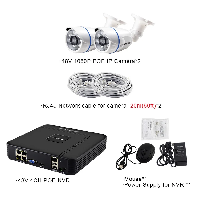 Smfull HD 4CH 1080P POE 48V NVR комплект видеонаблюдения 4 шт. 2MP 20FPS уличная ip-камера 36 IR 4 канала CCTV Система HDMI P2P электронная сигнализация - Цвет: Синий