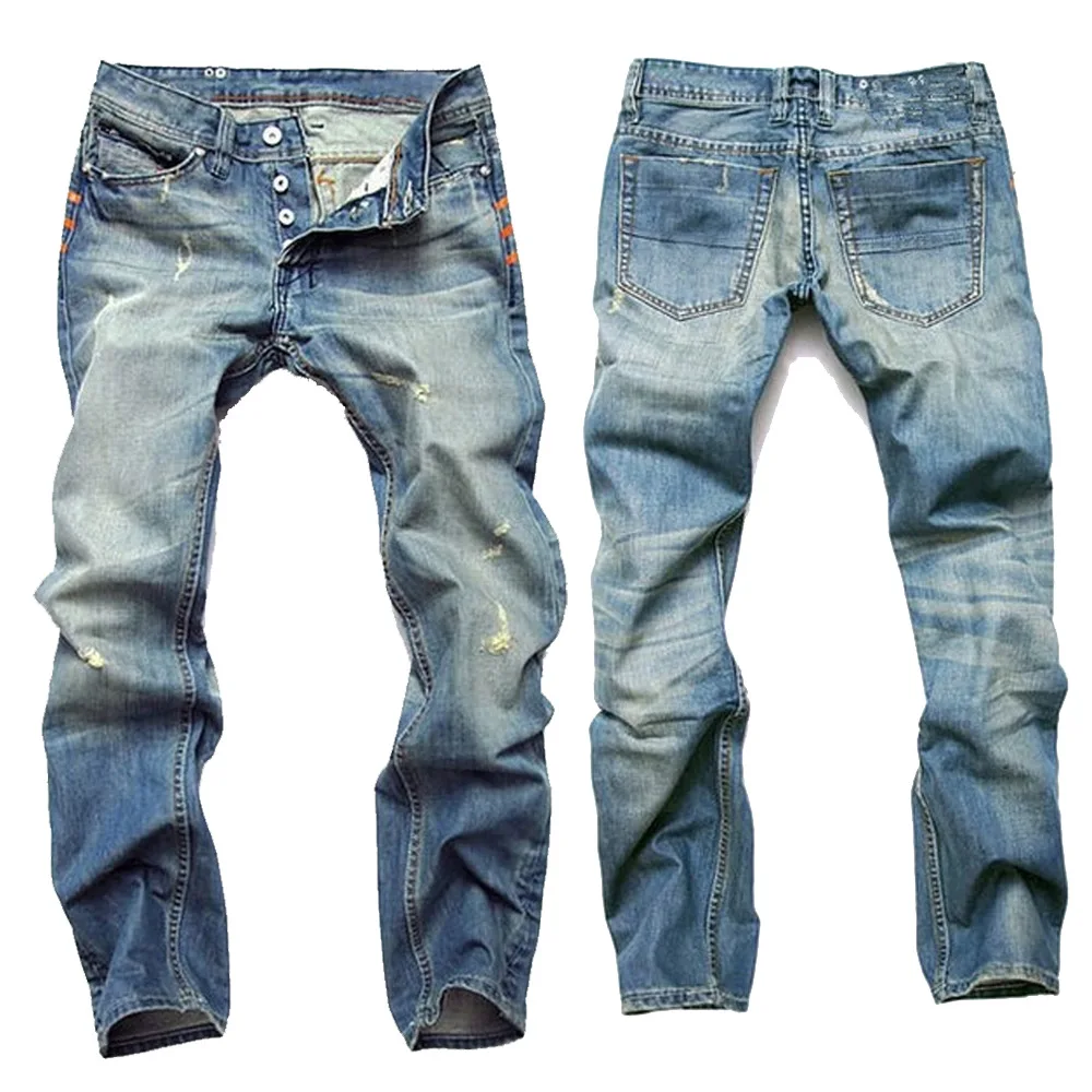 

Men's Hole Nostalgic Jeans Light Blue Straight Slim Button Men's Europe Jeans Streetwear Mens Jeans Stretch Destroyed Ripped