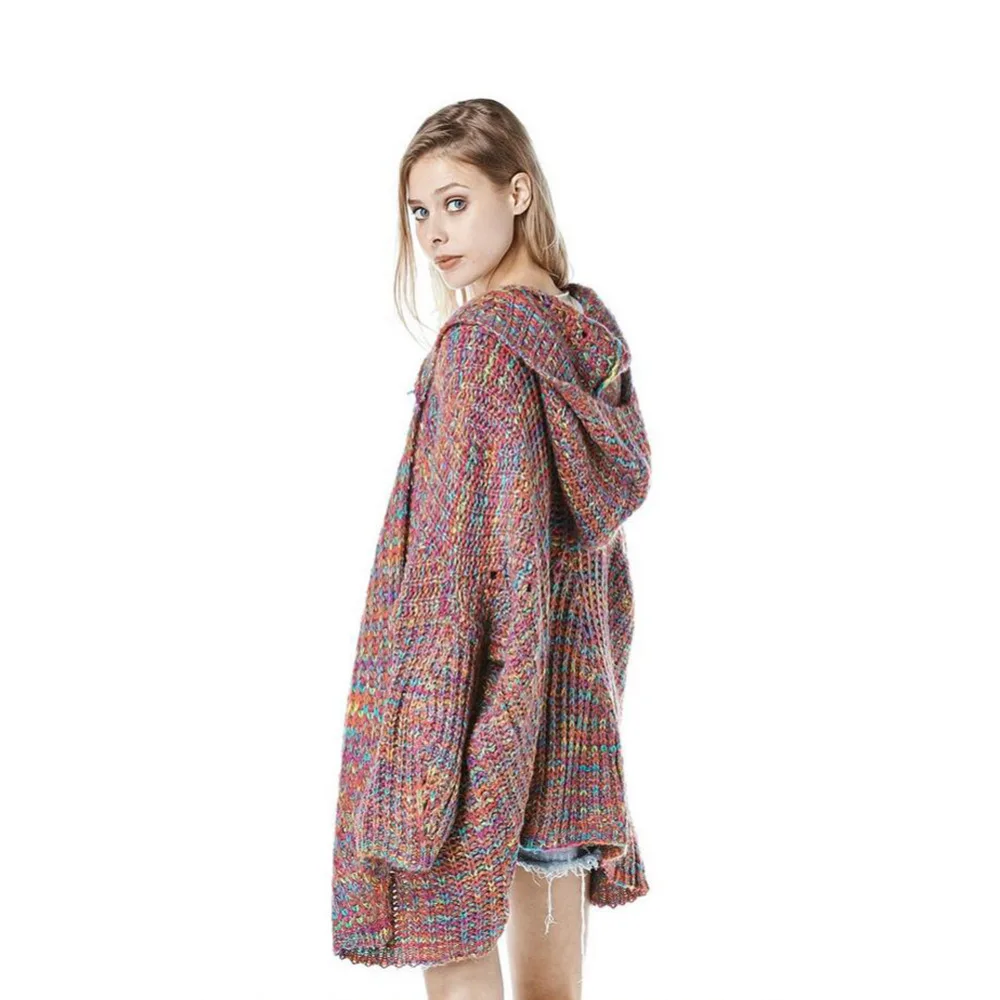 Winter Long Cardigan Women Hooded Sweater Rainbow Knitted Christmas Pull Jumper Autumn Oversized Tops Plus Size Clothing
