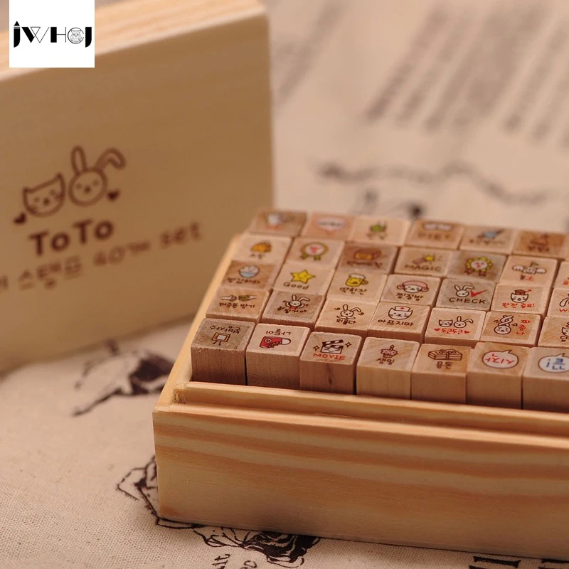 

JWHCJ (40 PCS/set) Mini Cute rabbit wooden rubber stamp gift box sets Crafts diy Handmade decal scrapbooking Photo Album
