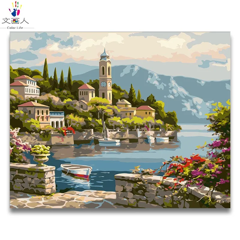 

European Seaview building painting by numbers with paint kits package canvas drawing for coloring by numbers living hoom decor